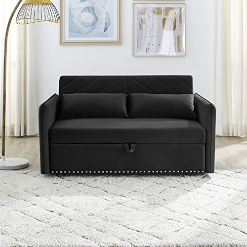 Ucloveria Pull Out Sleeper Sofa with USB Charging, 3-in-1 Adjustable Sleeper Couch, 2 Lumbar Pillows and Side Pocket, Soft Velvet Convertible Sleeper Sofa Bed for Living Room Bedroom, Black