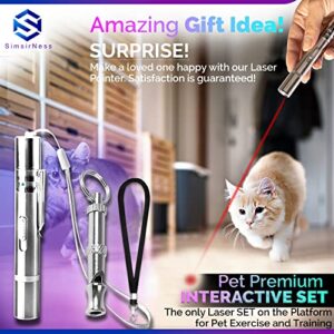 SimsirNess Cat and Dog Laser Pointer Toy Set - Interactive Exercise Toys 3-Pcs Set with Ultrasonic Whistle, Black Cord, and Premium Gift Box - USB Rechargeable Pet Training Toys