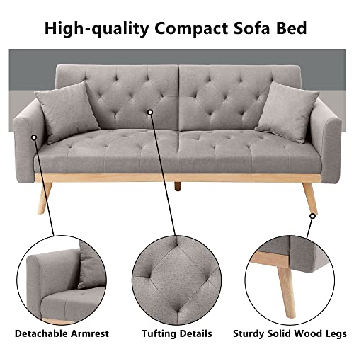 Recaceik Futon Sofa Bed, Convertible Bed Sectional Couch with Two Pillows & Adjustable Backrest, Folding Loveseat Sleeper Sofa Bed with Removable Armrests Linen Fabric Futon Couches for Living Room