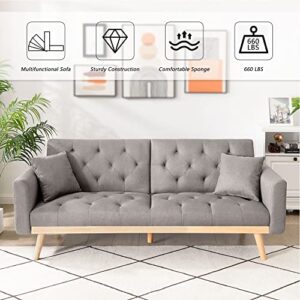 Recaceik Futon Sofa Bed, Convertible Bed Sectional Couch with Two Pillows & Adjustable Backrest, Folding Loveseat Sleeper Sofa Bed with Removable Armrests Linen Fabric Futon Couches for Living Room