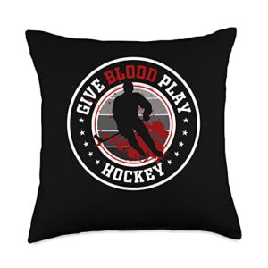 give blood play hockey white or hockey boy stuff boy stuff or give blood play hockey white throw pillow, 18x18, multicolor