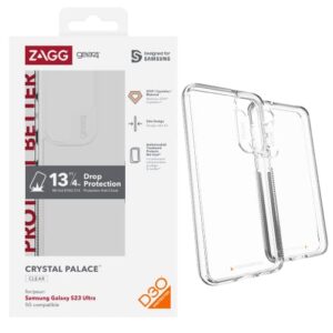 zagg gear4 crystal palace phone case, d30 drop protection (13ft/4m), sleek & transparent samsung galaxy s23 ultra case, anti-fingerprint & anti-yellowing properties, supports wireless charging