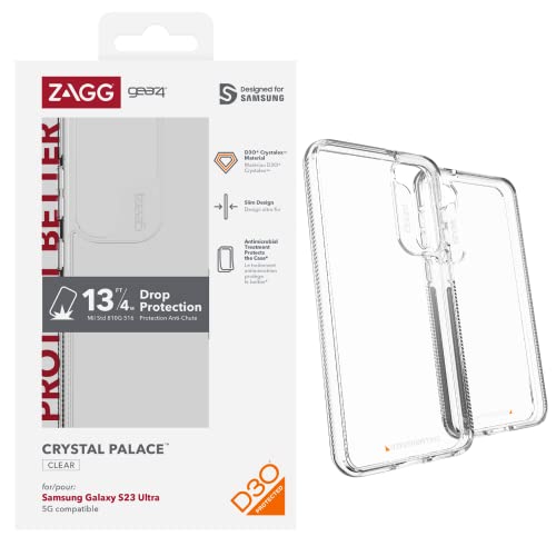 ZAGG Gear4 Crystal Palace Phone Case, D30 Drop Protection (13ft/4m), Sleek & Transparent Samsung Galaxy S23 Ultra Case, Anti-Fingerprint & Anti-Yellowing Properties, Supports Wireless Charging