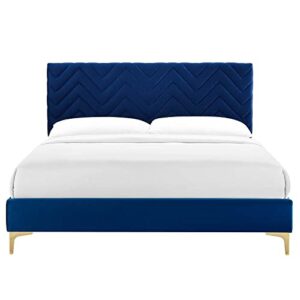 Modway MOD-7013-NAV Leah Chevron Tufted Performance Velvet King Platform Bed, Navy