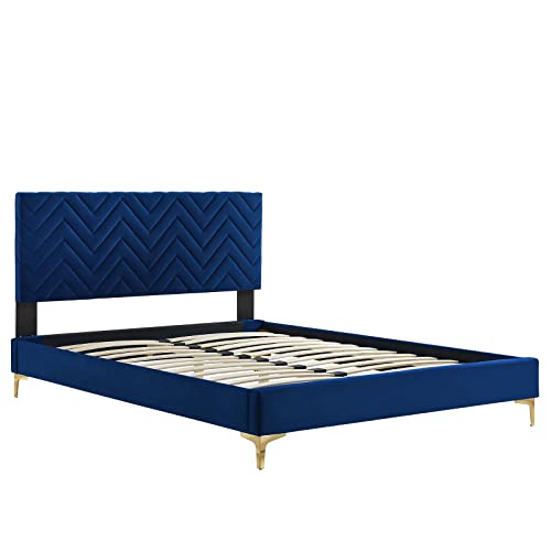 Modway MOD-7013-NAV Leah Chevron Tufted Performance Velvet King Platform Bed, Navy