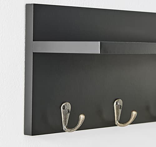 Danya B. Entryway Utility Wall Shelf with Pocket and Hanging Hooks (Black)