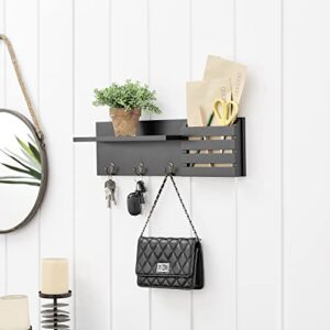 Danya B. Entryway Utility Wall Shelf with Pocket and Hanging Hooks (Black)