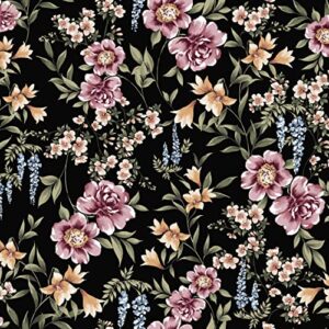 texco inc venezia poly spandex medium floral pattern/4-way stretch prints fabric/diy projects, black mauve 2 yards