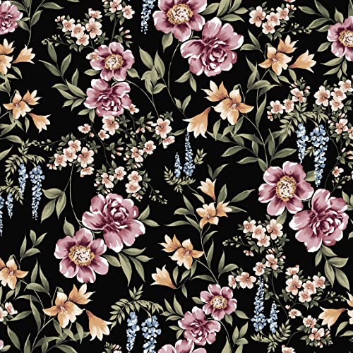 Texco Inc Venezia Poly Spandex Medium Floral Pattern/4-Way Stretch Prints Fabric/DIY Projects, Black Mauve 2 Yards