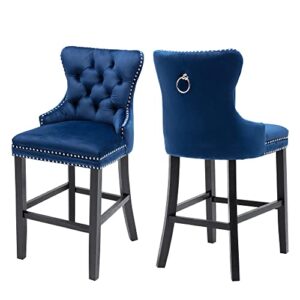 goolon bar stools set of 2, velvet 26 inch seat height counter height barstools button tufted backrest, rivet trim bar chairs for kitchen island mid-century metal pull ring wood frame legs, blue