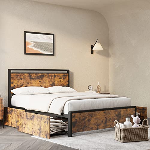 Alkmaar Queen Bed Frame with 4 Storage Drawers and Headboard, Metal Platform Bed with Large Storage Space, up to 700LBS, No Box Spring Needed, Noise Free, Rustic Brown (Queen)