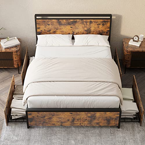 Alkmaar Queen Bed Frame with 4 Storage Drawers and Headboard, Metal Platform Bed with Large Storage Space, up to 700LBS, No Box Spring Needed, Noise Free, Rustic Brown (Queen)