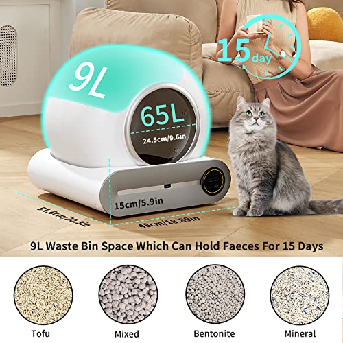 HEXANT Automatic Cat Litter Box, 65+15L Extra Large No Scooping Self-Clean Cat Litter Box Robot with Sensors Safety Protection/Deodorisation/APP Control/Large Capcity for Multiple Cats, from 2 to 17LB