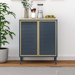 orrd accent cabinet, sideboard buffet cabinet kitchen storage cabinet console televison table with 2 iron rattan no handle pop-up doors and adjustable shelves for living room, dining room (blue)