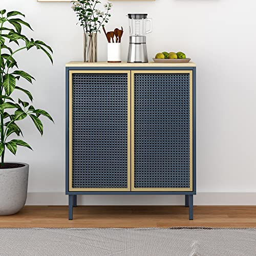 ORRD Accent Cabinet, Sideboard Buffet Cabinet Kitchen Storage Cabinet Console Televison Table with 2 Iron Rattan No Handle Pop-up Doors and Adjustable Shelves for Living Room, Dining Room (Blue)