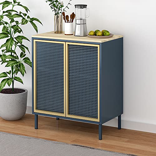 ORRD Accent Cabinet, Sideboard Buffet Cabinet Kitchen Storage Cabinet Console Televison Table with 2 Iron Rattan No Handle Pop-up Doors and Adjustable Shelves for Living Room, Dining Room (Blue)