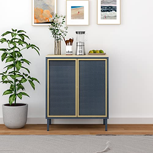 ORRD Accent Cabinet, Sideboard Buffet Cabinet Kitchen Storage Cabinet Console Televison Table with 2 Iron Rattan No Handle Pop-up Doors and Adjustable Shelves for Living Room, Dining Room (Blue)