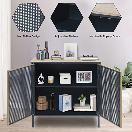 ORRD Accent Cabinet, Sideboard Buffet Cabinet Kitchen Storage Cabinet Console Televison Table with 2 Iron Rattan No Handle Pop-up Doors and Adjustable Shelves for Living Room, Dining Room (Blue)