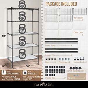 CAPHAUS NSF Heavy Duty Wire Shelving w/Wheels, Leveling Feet & Liners, Storage Metal Shelf, Garage Shelving Storage, Utility Wire Rack Storage Shelves, W/White Clear Liner, 30 x 14 x 61 5-Tier