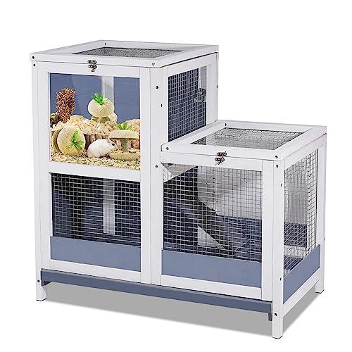 2-Story Guinea Pig Cages Wooden Indoor Rabbit Hutch Hamster Cage with Openable Roofs, Removable Tray and Wide Ramp, Small Animal Habitats for Hamsters, Guinea Pig, Ferrets, Hedgehog