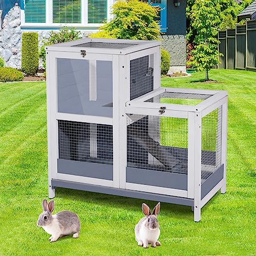 2-Story Guinea Pig Cages Wooden Indoor Rabbit Hutch Hamster Cage with Openable Roofs, Removable Tray and Wide Ramp, Small Animal Habitats for Hamsters, Guinea Pig, Ferrets, Hedgehog