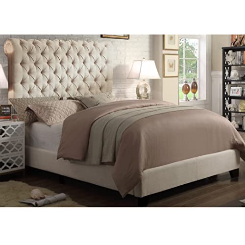 Rosevera Gideon Bed Frame/Fabric Upholstered Bed Frame with Adjustable Headboard/Chesterfield-Styled/Wood Slat Support/Easy Assembly,Queen, Linen Beige