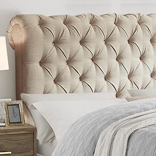 Rosevera Gideon Bed Frame/Fabric Upholstered Bed Frame with Adjustable Headboard/Chesterfield-Styled/Wood Slat Support/Easy Assembly,Queen, Linen Beige