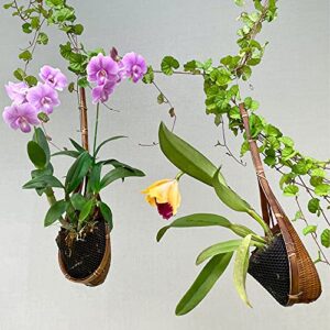 PANWA Handmade 100% Thai Bamboo Woven 4 Inch Hanging Orchid Basket - Set of 3 Multi-Purpose Bird Nest Style Plant Hangers for Gazebo - Indoor/Outdoor Flower Planter (Natural Brown)