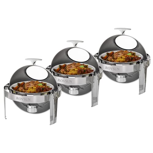 ROVSUN 3 Packs Roll Top Chafing Dish Buffet Set,6 Quart Round Stainless Steel Chafer for Catering,Buffet Servers and Warmers Set with Glass Window for Wedding, Parties, Banquet, Events，Graduation