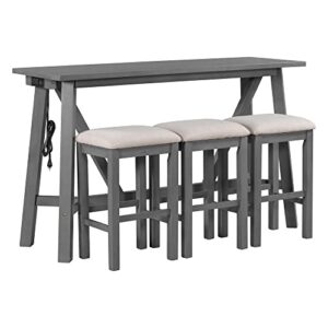 Merax 4-Piece Bar Table Set with USB Port and 3 Fabric Padded Stools w/Footrest, Rustic Bar Dining Set