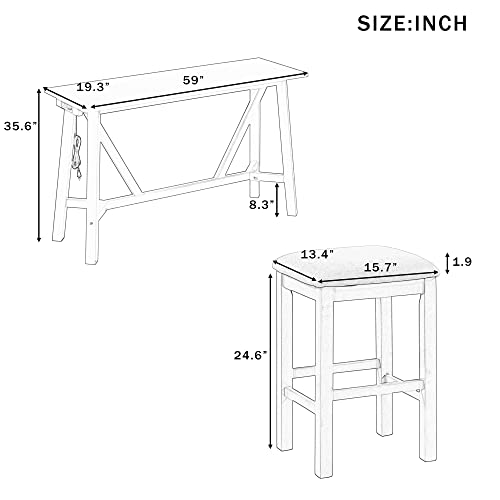 Merax 4-Piece Bar Table Set with USB Port and 3 Fabric Padded Stools w/Footrest, Rustic Bar Dining Set