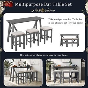 Merax 4-Piece Bar Table Set with USB Port and 3 Fabric Padded Stools w/Footrest, Rustic Bar Dining Set