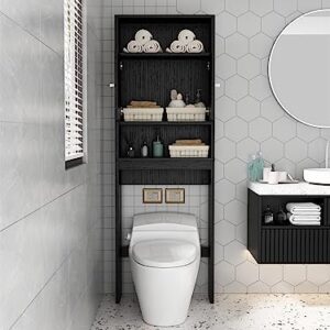 Majnesvon Toilet Bathroom Storage Cabinet Double Doors Bathroom Organizer Toilet Cabinet Freestanding Above Toilet Rack with Open Shelves and Adjustable Bottom Bar 76.8 in Black