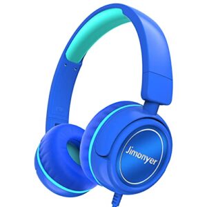 jimonyer kids headphones for school, 3.5mm jack wired safe volume limit headphones for kids, hd stereo sound on-ear girls boys toddler headphones for tablet, ipad, kindle,blue green