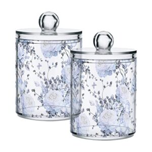 xigua 2 pack light blue flowers apothecary jars with lid, qtip holder storage containers for cotton ball, swabs, pads, clear plastic canisters for bathroom vanity organization (10 oz)