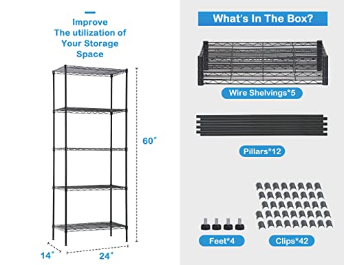 Storage Shelves, 5 Tier Commercial NSF Certified Metal Shelving, Heavy Duty Wire Shelving Unit for Kitchen Restaurant Bathroom Office Pantry, 14"Lx24"Wx60"H Metal Shelves For Storage Utility Shelf