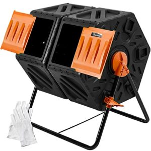 yitahome large outdoor dual chamber compost bin, 37 gallon rotating composter tumbling with 2 sliding doors and aeration system, garden compost tumbler, bpa free (2x18.5 gallon,orange)