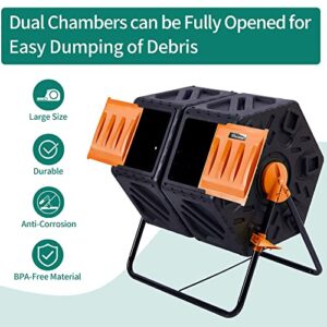 YITAHOME Large Outdoor Dual Chamber Compost Bin, 37 Gallon Rotating Composter Tumbling with 2 Sliding Doors and Aeration System, Garden Compost Tumbler, BPA Free (2x18.5 Gallon,Orange)