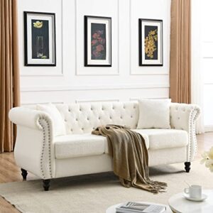 williamspace 80" chesterfield sofa teddy white for living room, 3 seater sofa tufted couch with two pillows, rolled arms and nailhead for living room, bedroom, office, apartment - white