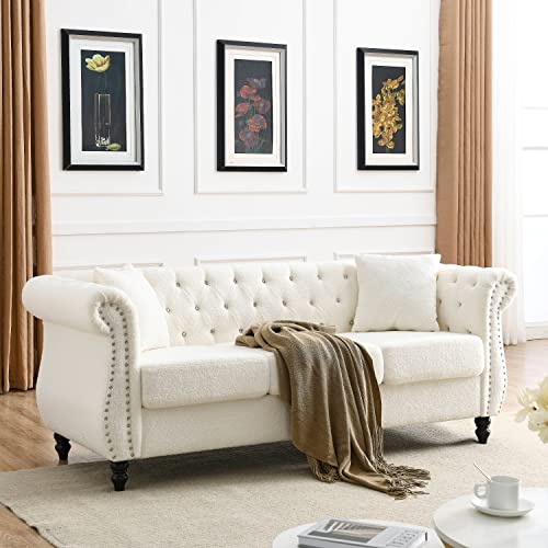 WILLIAMSPACE 80" Chesterfield Sofa Teddy White for Living Room, 3 Seater Sofa Tufted Couch with Two Pillows, Rolled Arms and Nailhead for Living Room, Bedroom, Office, Apartment - White