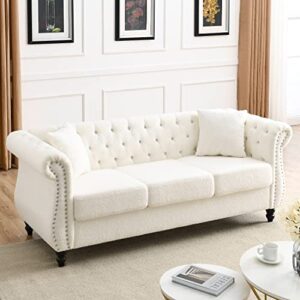 WILLIAMSPACE 80" Chesterfield Sofa Teddy White for Living Room, 3 Seater Sofa Tufted Couch with Two Pillows, Rolled Arms and Nailhead for Living Room, Bedroom, Office, Apartment - White