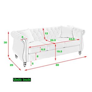 WILLIAMSPACE 80" Chesterfield Sofa Teddy White for Living Room, 3 Seater Sofa Tufted Couch with Two Pillows, Rolled Arms and Nailhead for Living Room, Bedroom, Office, Apartment - White