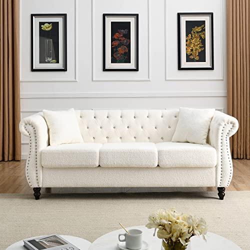 WILLIAMSPACE 80" Chesterfield Sofa Teddy White for Living Room, 3 Seater Sofa Tufted Couch with Two Pillows, Rolled Arms and Nailhead for Living Room, Bedroom, Office, Apartment - White