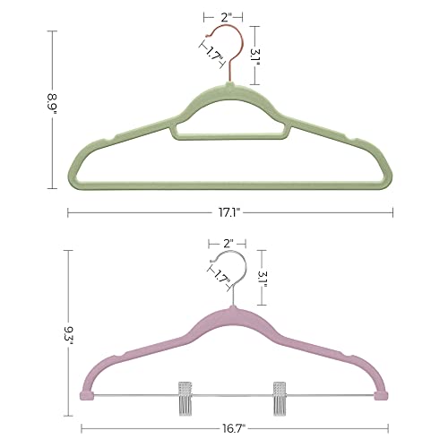 SONGMICS 30-Pack Pants Hangers and 50-Pack Clothes Hangers Bundle, Velvet Hangers with Adjustable Clips and Swivel Hooks, Space-Saving, Pale Purple and Pale Green UCRF012GP30 and UCRF021GR50