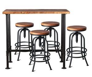 diwhy 5 piece bar table and barstool set industrial rectangular pipe dining pub bar table black and kitchen counter height adjustable wooden seat stool black(1 table + 4 chairs)