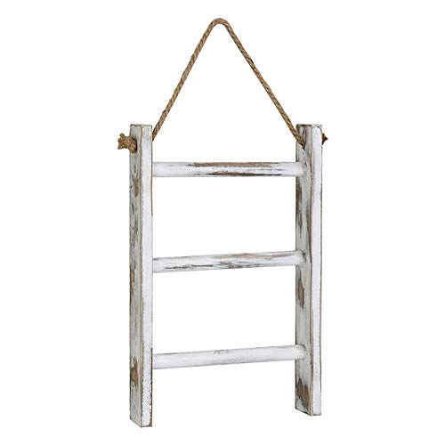 Erhai 3-Tier Mini Whitewashed Wood Wall- Hand Towel Storage Ladder with Rope