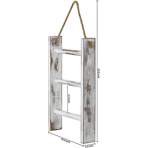 Erhai 3-Tier Mini Whitewashed Wood Wall- Hand Towel Storage Ladder with Rope