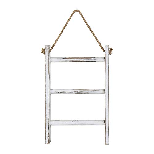 Erhai 3-Tier Mini Whitewashed Wood Wall- Hand Towel Storage Ladder with Rope