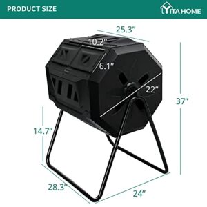 YITAHOME Large Outdoor Dual Bin Composter Tumbling, 43 Gallon Rotating Compost Bin with 2 Sliding Doors and Aeration System, Garden Compost Tumbler, BPA Free (2 x 21.5 Gallon,Black)