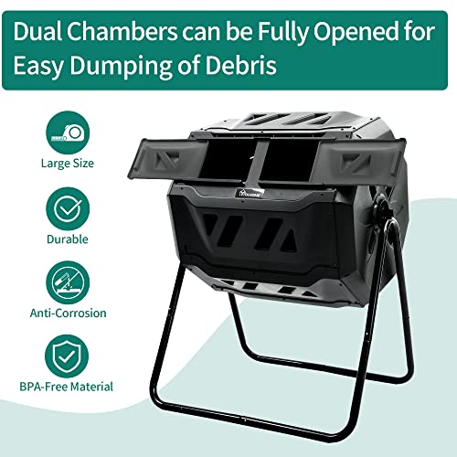 YITAHOME Large Outdoor Dual Bin Composter Tumbling, 43 Gallon Rotating Compost Bin with 2 Sliding Doors and Aeration System, Garden Compost Tumbler, BPA Free (2 x 21.5 Gallon,Black)